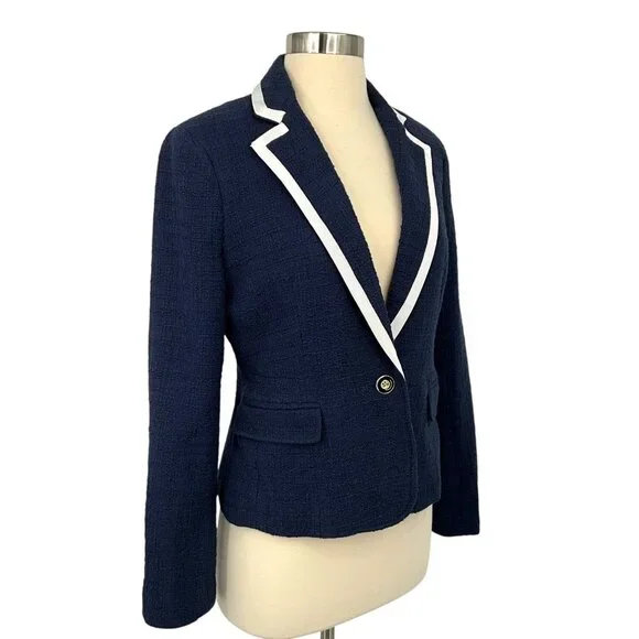 NWT J Crew Textured Tweed Navy Blue Preppy Classic Peplum Blazer Jacket Size 4 - Picture 8 of 14